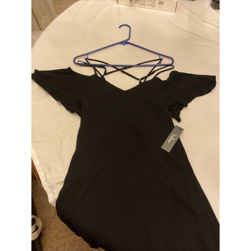 Lulus “Afterglow” Black Scrappy Cold-Shoulder Shift Dress XS - Picture 2 of 10